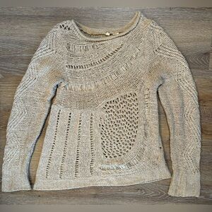 ANTHROPOLOGIE MOTH Open-Weave Neutral Tan Asymmetrical Hem Knit Sweater